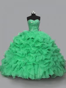 Green Ball Gowns Halter Top Sleeveless Organza Floor Length Lace Up Beading and Ruffles 15th Birthday Dress