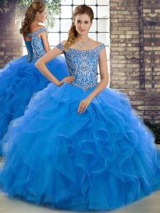 Fashion Blue Sleeveless Tulle Brush Train Lace Up Quinceanera Dresses for Military Ball and Sweet 16 and Quinceanera