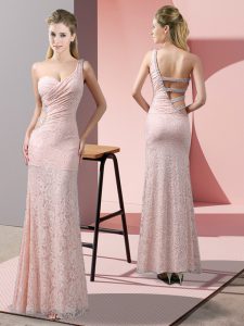 Sleeveless Floor Length Beading and Lace Criss Cross Prom Gown with Baby Pink
