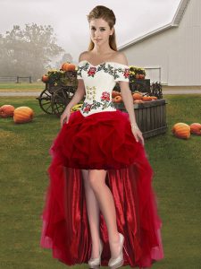 Elegant Wine Red Tulle Lace Up Off The Shoulder Sleeveless High Low Homecoming Dress Embroidery
