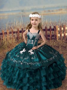 Green Ball Gowns Organza Straps Sleeveless Embroidery and Ruffled Layers Floor Length Lace Up Little Girls Pageant Gowns
