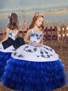 Popular Floor Length Royal Blue Evening Gowns Organza Long Sleeves Embroidery and Ruffled Layers
