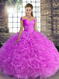 Vintage Lilac Lace Up Off The Shoulder Beading Quinceanera Gown Fabric With Rolling Flowers Sleeveless