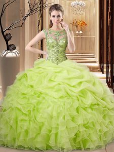 Sleeveless Organza Floor Length Lace Up 15 Quinceanera Dress in Yellow Green with Beading and Ruffles and Pick Ups