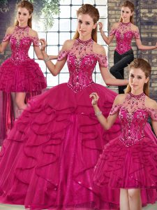 Exquisite Tulle Halter Top Sleeveless Lace Up Beading and Ruffles Quinceanera Dress in Fuchsia
