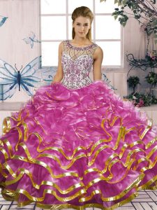 Fuchsia Sleeveless Floor Length Beading and Ruffles Lace Up Sweet 16 Dresses