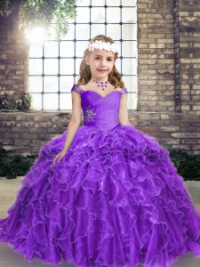 Floor Length Purple Little Girl Pageant Dress Organza Sleeveless Beading and Ruffles