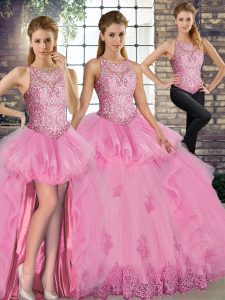 Sleeveless Floor Length Lace and Embroidery and Ruffles Lace Up 15 Quinceanera Dress with Rose Pink