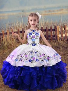 High Quality Royal Blue Scoop Neckline Embroidery and Ruffles Pageant Dress for Womens Sleeveless Lace Up