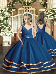 Floor Length Backless Little Girls Pageant Dress Wholesale Navy Blue for Party and Sweet 16 and Wedding Party with Beading