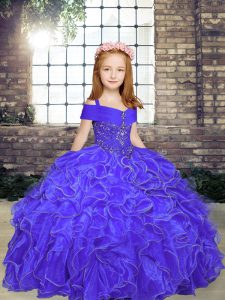 Purple Ball Gowns Beading and Ruffles Little Girl Pageant Dress Lace Up Organza Sleeveless Floor Length
