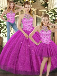 Fuchsia Sleeveless Floor Length Beading Lace Up Quinceanera Gowns