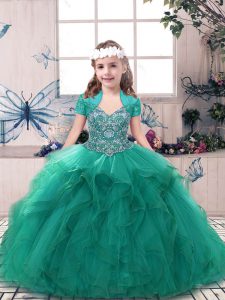 Turquoise Sleeveless Floor Length Beading Side Zipper Pageant Dress for Girls