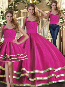 Tulle Halter Top Sleeveless Lace Up Ruffled Layers Sweet 16 Quinceanera Dress in Fuchsia