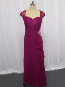 Fitting Fuchsia Column/Sheath Chiffon Sweetheart Cap Sleeves Beading and Lace and Appliques Floor Length Zipper Homecoming Dress