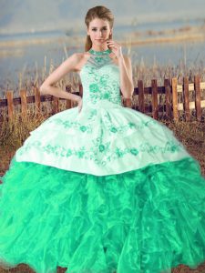 Fitting Turquoise Lace Up Halter Top Embroidery and Ruffles Quinceanera Dresses Organza Sleeveless Court Train
