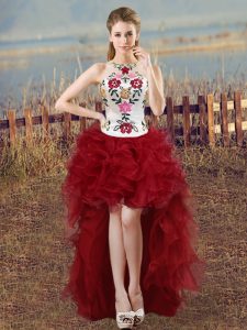Unique Wine Red Organza Lace Up Scoop Sleeveless High Low Dress for Prom Embroidery