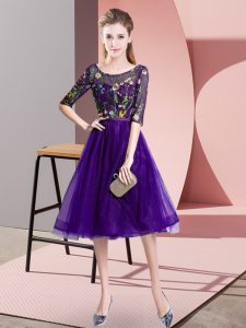Purple Empire Scoop Half Sleeves Tulle Knee Length Lace Up Embroidery Bridesmaid Gown