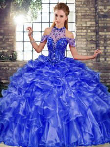 Sleeveless Organza Floor Length Lace Up Ball Gown Prom Dress in Blue with Beading and Ruffles