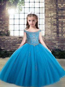 Attractive Baby Blue Pageant Dress Party and Wedding Party with Beading Off The Shoulder Sleeveless Lace Up