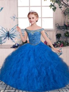 Amazing Blue Pageant Gowns For Girls Party and Sweet 16 and Wedding Party with Beading and Ruffles Off The Shoulder Sleeveless Lace Up