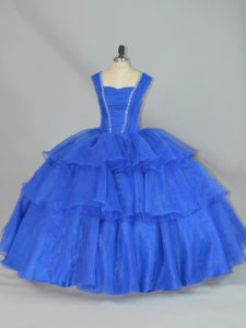 Straps Sleeveless Lace Up Sweet 16 Quinceanera Dress Blue Organza