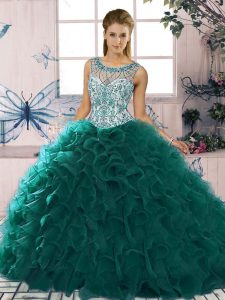 Ball Gowns Vestidos de Quinceanera Peacock Green Scoop Organza Sleeveless Floor Length Lace Up