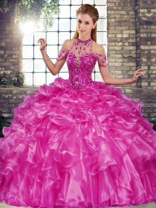 Stunning Floor Length Lace Up Ball Gown Prom Dress Fuchsia for Military Ball and Sweet 16 and Quinceanera with Beading and Ruffles