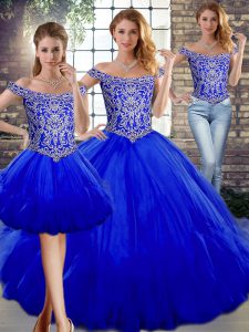 Hot Selling Royal Blue Tulle Lace Up Sweet 16 Quinceanera Dress Sleeveless Floor Length Beading and Ruffles
