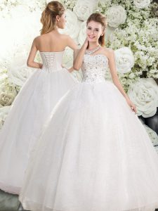 Most Popular Sweetheart Sleeveless Bridal Gown Floor Length Beading White Tulle