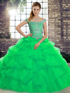 Enchanting Green Off The Shoulder Lace Up Beading and Pick Ups Vestidos de Quinceanera Brush Train Sleeveless