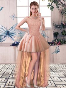 Low Price Peach A-line Beading Prom Dress Lace Up Tulle Sleeveless High Low