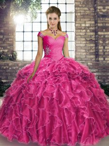 Glorious Fuchsia Sleeveless Beading and Ruffles Lace Up Quinceanera Dresses