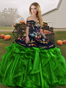 Chic Green Organza Lace Up Off The Shoulder Sleeveless Floor Length Sweet 16 Dress Embroidery and Ruffles