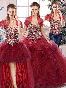 Floor Length Burgundy Quinceanera Gown Tulle Sleeveless Beading and Ruffles