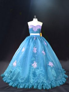 Luxury Aqua Blue Ball Gowns Organza Sweetheart Sleeveless Appliques Zipper Vestidos de Quinceanera Brush Train