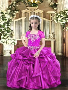 Sweet Fuchsia Straps Neckline Beading and Ruffles Pageant Dress for Teens Sleeveless Lace Up