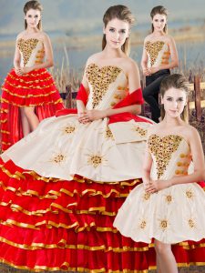 Dynamic Floor Length Lace Up Quinceanera Gowns White And Red for Sweet 16 and Quinceanera with Beading and Ruffled Layers