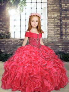 Floor Length Red Little Girls Pageant Gowns Organza Sleeveless Beading and Ruffles