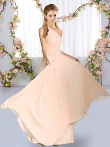 Designer Empire Dama Dress Peach One Shoulder Chiffon Sleeveless Floor Length Lace Up