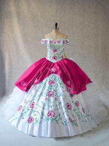 Floor Length Pink And White Ball Gown Prom Dress Off The Shoulder Sleeveless Lace Up