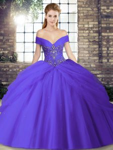 Purple Ball Gowns Tulle Off The Shoulder Sleeveless Beading and Pick Ups Lace Up Ball Gown Prom Dress Brush Train