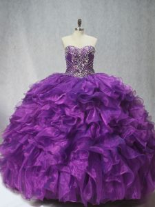 Inexpensive Lace Up 15 Quinceanera Dress Purple for Sweet 16 and Quinceanera with Beading and Ruffles Brush Train