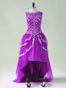 Purple Zipper Scoop Beading and Appliques Prom Dress Tulle Sleeveless