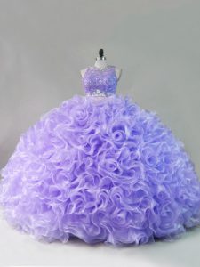 Customized Lavender Ball Gown Prom Dress Sweet 16 and Quinceanera with Beading Scoop Sleeveless Lace Up