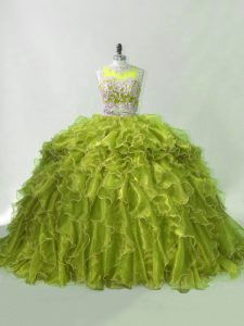 Sophisticated Olive Green Sleeveless Beading and Ruffles Zipper Ball Gown Prom Dress