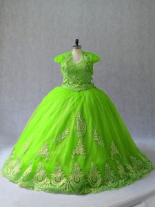 Sleeveless Court Train Appliques Quinceanera Gown