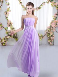 Sweep Train Empire Wedding Guest Dresses Lavender Strapless Chiffon Sleeveless Lace Up