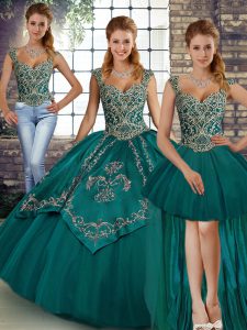 Stylish Teal Lace Up Straps Beading and Embroidery Quince Ball Gowns Tulle Sleeveless
