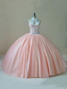 Modest Peach Tulle Lace Up Ball Gown Prom Dress Sleeveless Floor Length Beading and Lace